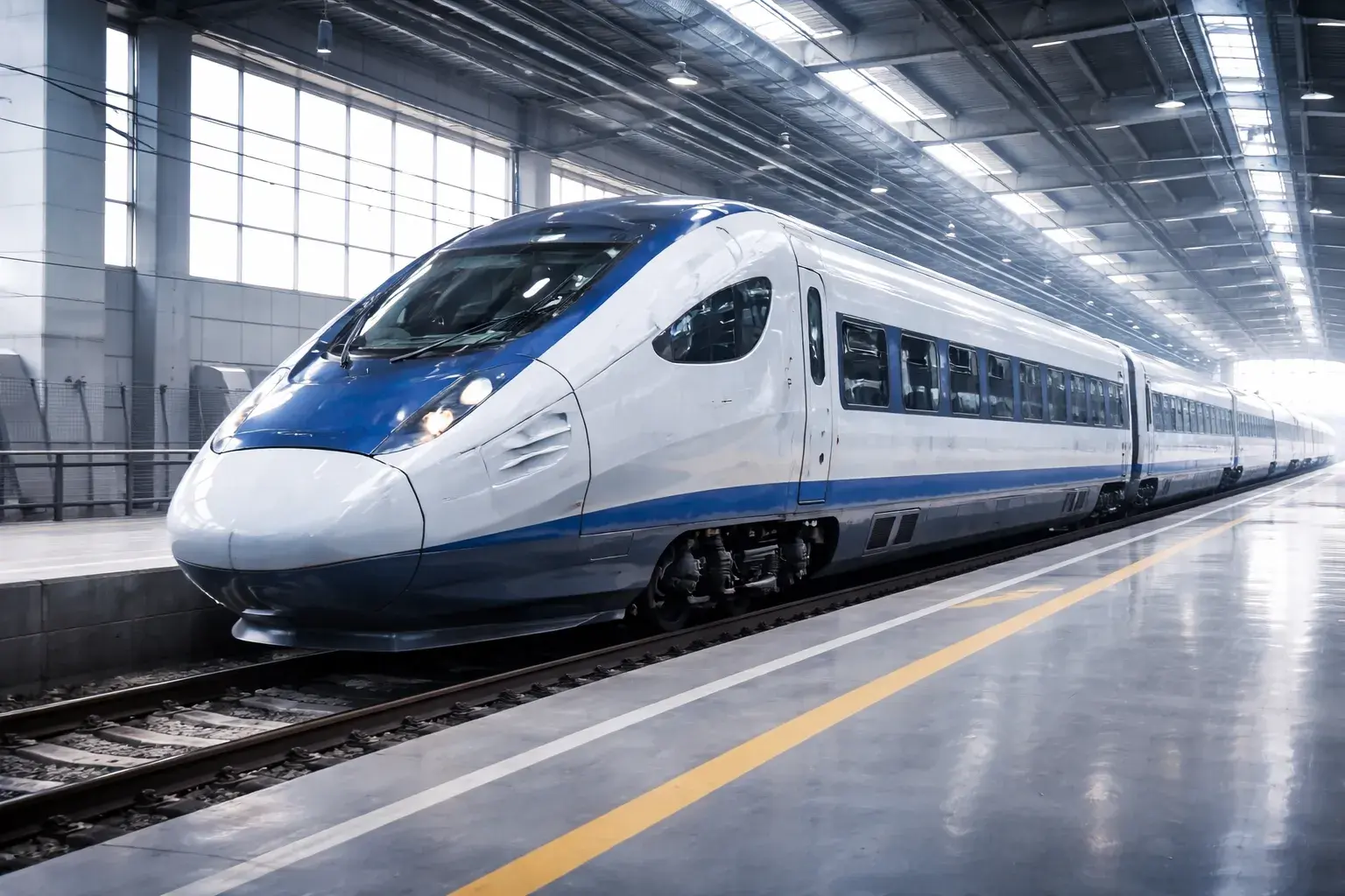 sleek high-speed train in bright station
